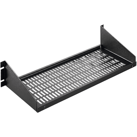 Charola para Rack 19 Pulgadas, Capacidad de Carga 34 kg, Base Ventilada, Acero Dulce Color Negro, 2 UR, Dimensiones 482x381x95 mm