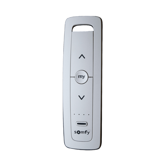 Control remoto 5 canales para motores de persiana Somfy con señal inalámbrica, instrucciones: sube, baja y detener, con posición favorita programada.