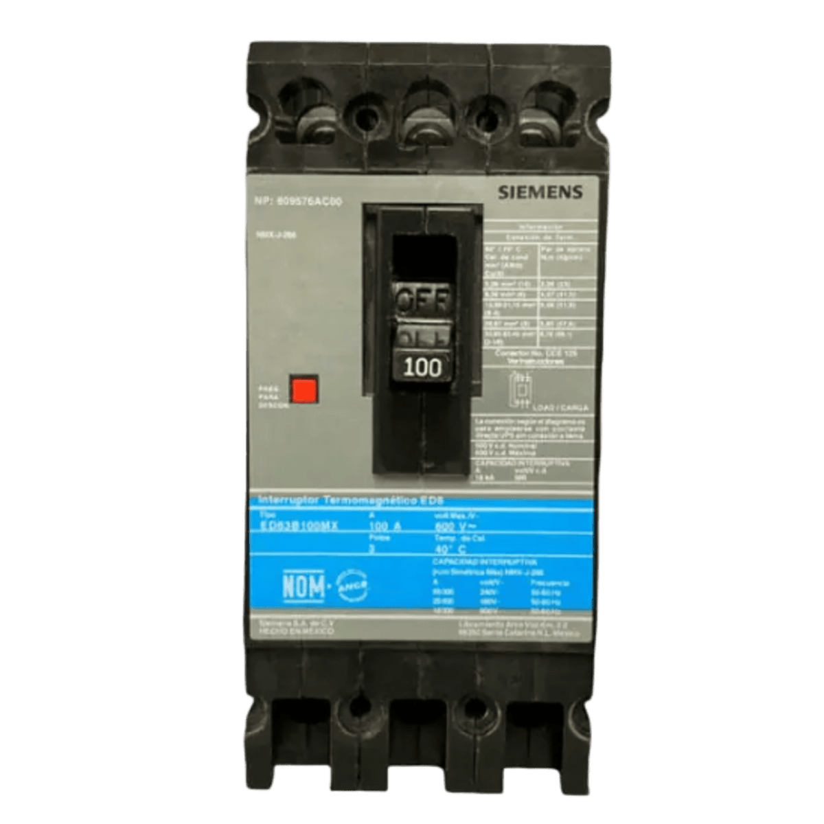 Interruptor Termomagnético ED6 600V 3X100A, Sin zapatas principales.