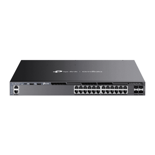 Switch Omada L3 SDN Administrable / 24 puertos PoE af/at Gigabit y 4 puertos SFP+ / Presupuesto PoE 720W / Funciones RIP, VRRP, Servidor DHCP / Administración centralizada OMADA / Fuente Redundante