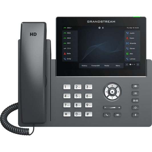 Teléfono IP Wi-Fi, Grado Operador, 12 líneas SIP con 6 cuentas, pantalla táctil  7", puertos Gigabit, Bluetooth, PoE, codec Opus, IPV4/IPV6 con gestión en la nube GDMS