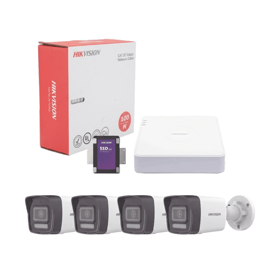 Kit IP 4 Megapixel / NVR de 4 Canales con 4 Puertos PoE / 4 Cámaras IP Bala Dual Light (IR + Luz Blanca) con Microfono Integrado y ACUSENSE Lite para Exterior/ Bobina de Cable de 100 mts / SSD de 1 TB