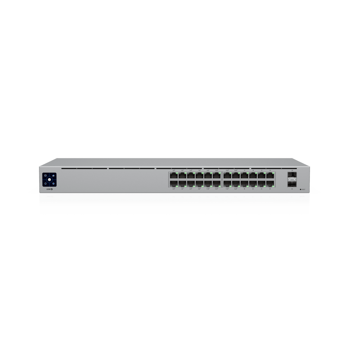 Switch UniFi Capa 2 / 24 Puertos Gigabit / 16 Puertos PoE+ 802.3af/at / 95W Total / 2 Puertos SFP 1G / Pantalla LCM / Sin Ventilador