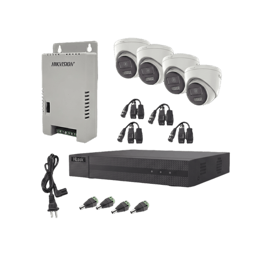 Kit HiLook Audio Bidireccional TurboHD 1080p / DVR Metalico 4 Canales / 4 Cámaras Eyeball (Exterior) con Bocina y Microfóno Integrado / 1 Fuente de Poder / Accesorios