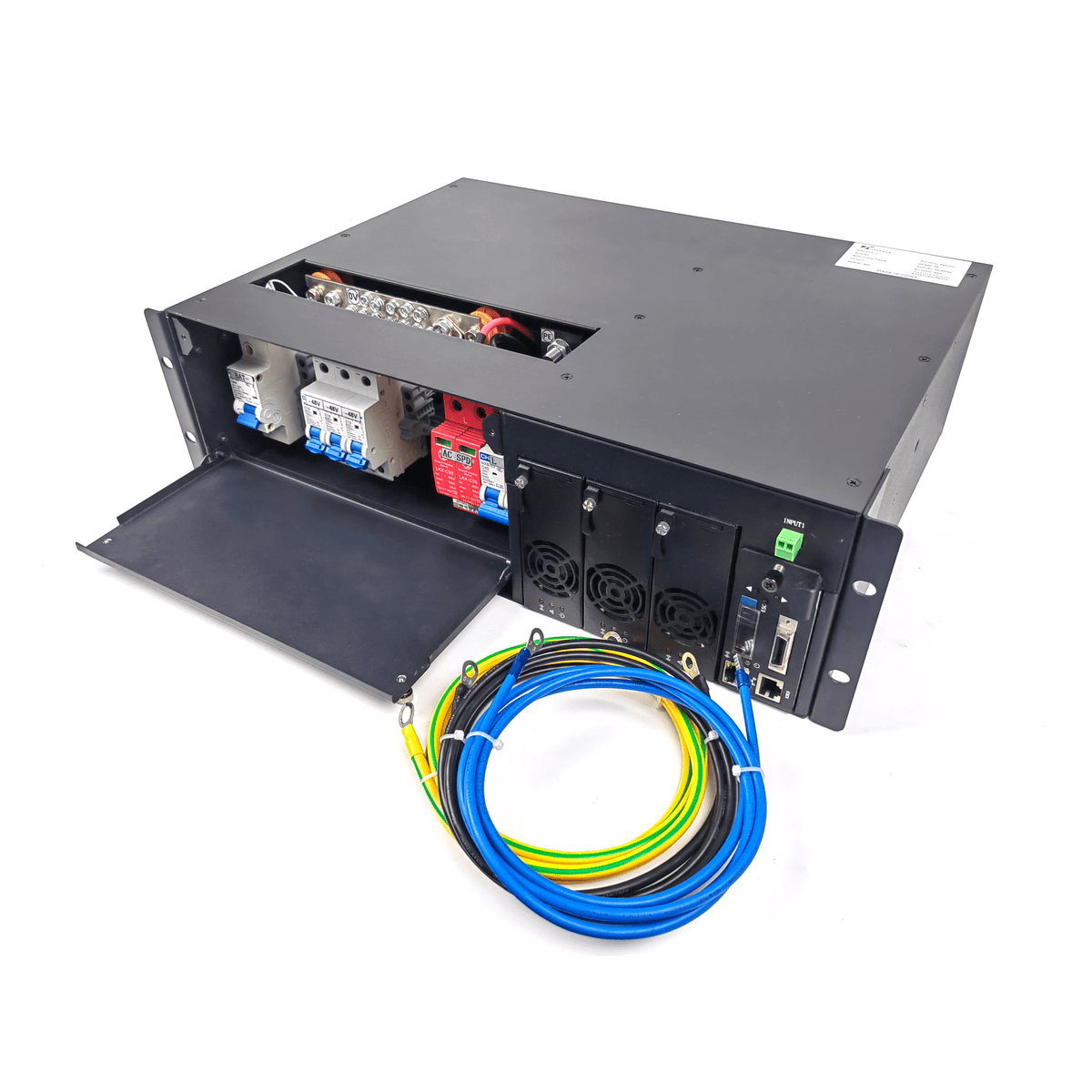 Rectificador de Energía AC 110 Vac / –48 V de Alta Eficiencia, 90 A y 5400 W, 3 UR para Telecomunicaciones como equipos OLTs Modulares / Cargador de Baterias de Litio