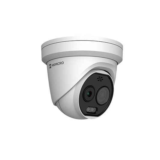 (HIKMICRO) Turret IP Bi-espectral (Térmica + Óptica) / Lente Térmico 2.1 mm (256 X 192) / Lente Óptico 2.2 mm (5 Megapixel) / Detección de Temperatura (-20°C a 650°C) / IA con GUANLAN / Dual Light (30 mts IR + 30