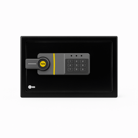Caja Fuerte Electrónica Residencial / Sistema de Apertura por Código 3-8 Dígitos / Llave de Emergencia / Bloqueo de Seguridad 5 Minutos / Indicadores LED / Alimentación 4 Pilas AA / Garantía 1 Año