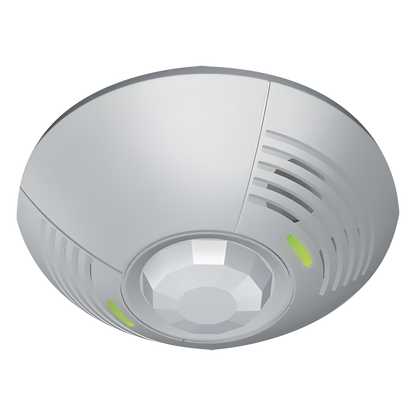 Sensor de ocupación de techo con doble tecnología ultrasónica e infrarroja, cobertura de 46 m² a 180 grados, relevador SPDT y fotocelda, integrable a sistemas Lutron