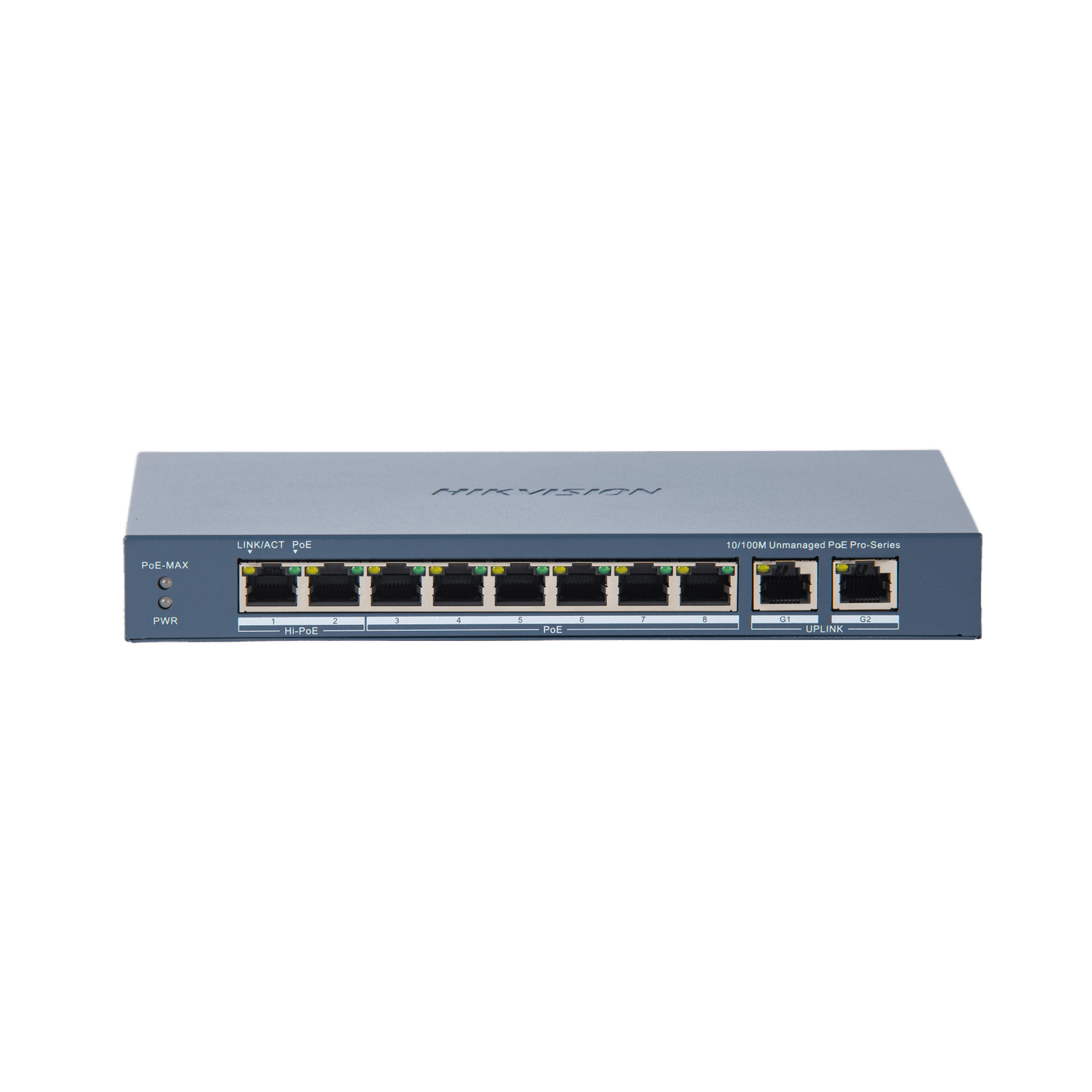 Switch PoE+ / No Administrable / 7 Puertos 10/100 Mbps 802.3 af/at (30 W) / 1 Puerto 10/100 Mbps Hi-PoE (90 W)  / 2 Puertos 1000 Mbps Uplink / Modo Extendido hasta 300 Metros / 110 Watts