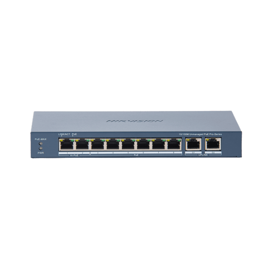 Switch PoE+ / No Administrable / 7 Puertos 10/100 Mbps 802.3 af/at (30 W) / 1 Puerto 10/100 Mbps Hi-PoE (90 W)  / 2 Puertos 1000 Mbps Uplink / Modo Extendido hasta 300 Metros / 110 Watts