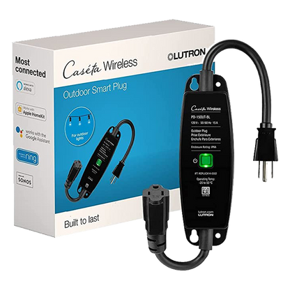 Enchufe inteligente para exteriores de 120 V y 15 A para iluminación y motores de 1/2 HP, con control Pico directo o app y geovallado mediante Smart Bridge, Caseta Wireless
