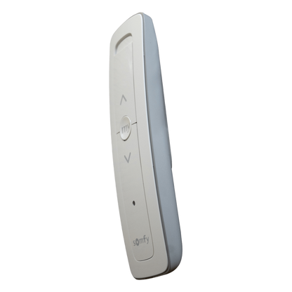 Control remoto 1 canal para motores de persiana Somfy con señal inalámbrica, instrucciones: sube, baja y detener, con posición favorita programada.