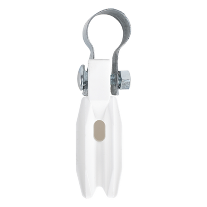Aislador de Paso o Esquina Blanco con Abrazadera / 1 Pulgada (25 mm) / Resina Virgen 100% / Anti-Arqueo / Acero Galvanizado / Poste Cerco Eléctrico