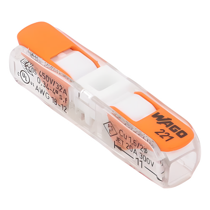 Conector de Instalación en Línea / CAGE CLAMP® con Palancas / 2 Polos / 4 mm² Máx. (12 AWG) / Transparente / 600V UL / 32A / IP20 / T85 85°C
