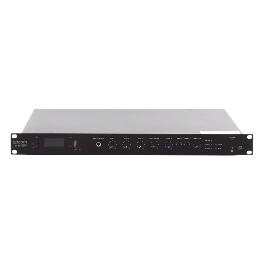 Amplificador de Audio | 1 canal | 350 W | Sistema 100V y Baja Impedancia | 4 Entradas de Micrófono Balanceadas | Bluetooth | USB | SD | FM | Montaje en Rack