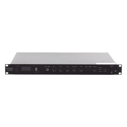 Amplificador de Audio | 1 canal | 350 W | Sistema 100V y Baja Impedancia | 4 Entradas de Micrófono Balanceadas | Bluetooth | USB | SD | FM | Montaje en Rack