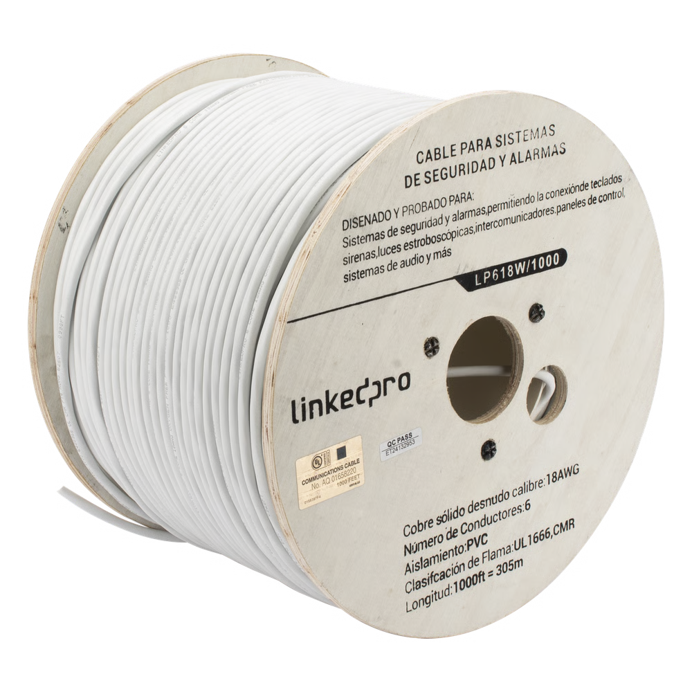 Bobina de Cable 305 Metros (1000 Pies): 6 x 18 AWG, Color Blanco, CMR, Para Sistemas de Seguridad y Alarmas