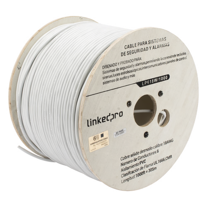 Bobina de Cable 305 Metros (1000 Pies): 6 x 18 AWG, Color Blanco, CMR, Para Sistemas de Seguridad y Alarmas