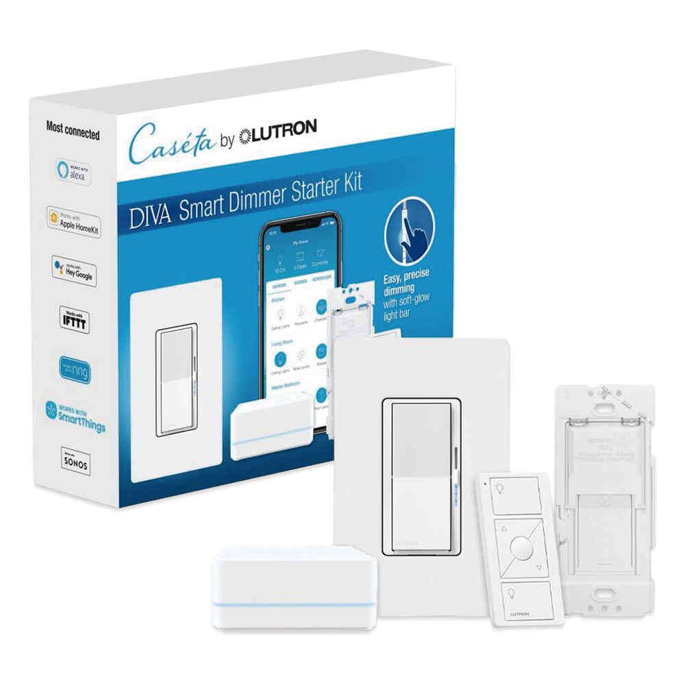 Kit de inicio Caseta Wireless con hub, atenuador de pared Diva de 150 W LED o 600 W incandescente sin neutro, control Pico, tapa y adaptador de pared, compatible con Apple HomeKit