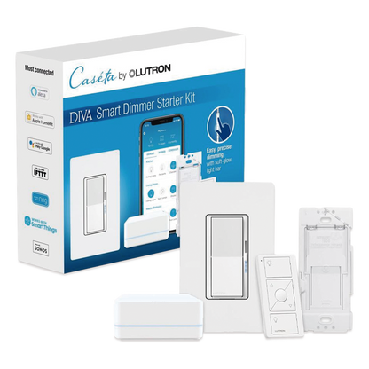 Kit de inicio Caseta Wireless con hub, atenuador de pared Diva de 150 W LED o 600 W incandescente sin neutro, control Pico, tapa y adaptador de pared, compatible con Apple HomeKit