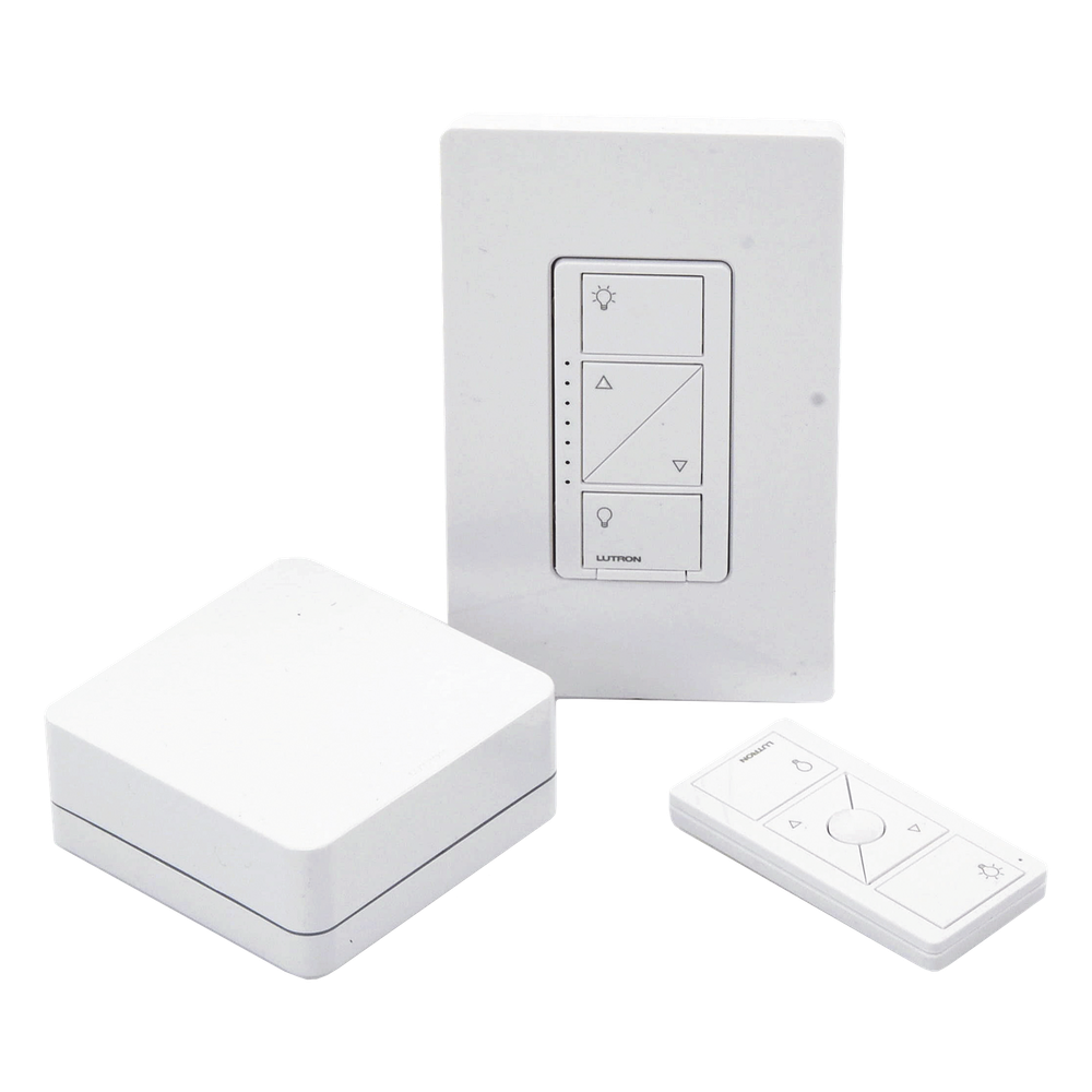 Kit de inicio Caseta Wireless con hub Smart Bridge, atenuador de pared, control Pico y placa Claro para controlar la iluminación desde la app Lutron