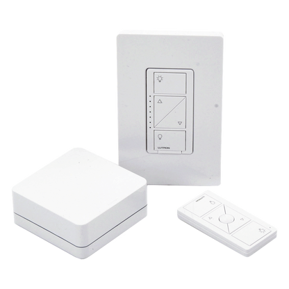 Kit de inicio Caseta Wireless con hub Smart Bridge, atenuador de pared, control Pico y placa Claro para controlar la iluminación desde la app Lutron