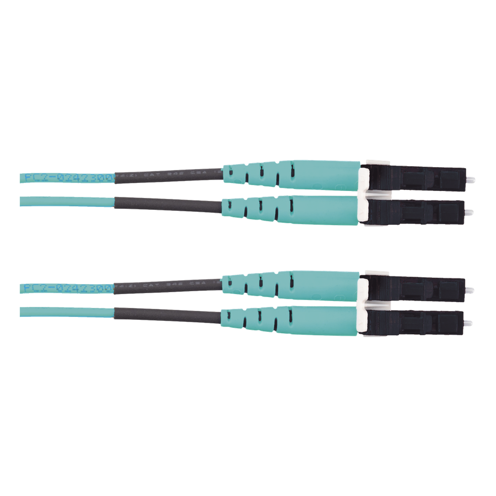 Jumper de Fibra Optica Multimodo 50/125 OM3, LC-LC Duplex, LSZH (Cero Halógenos), Color Aqua, 10 Metros (32.81 Pies)