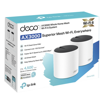 Kit 2 Routers Inalámbricos MESH Interior para Hogar / Doble Banda Wi-Fi 6 AX3000 Mbps / 3 Puerto Gigabit WAN/LAN / 2 Antenas Internas / Administración Mediante la App Deco (iOS, Android) / Protección HomeShield