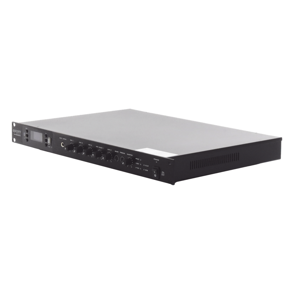 Amplificador de Audio | 1 canal | 350 W | Sistema 100V y Baja Impedancia | 4 Entradas de Micrófono Balanceadas | Bluetooth | USB | SD | FM | Montaje en Rack