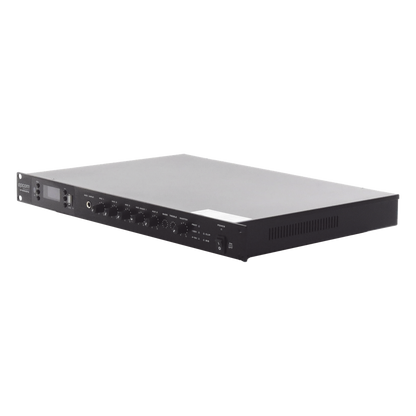 Amplificador de Audio | 1 canal | 350 W | Sistema 100V y Baja Impedancia | 4 Entradas de Micrófono Balanceadas | Bluetooth | USB | SD | FM | Montaje en Rack