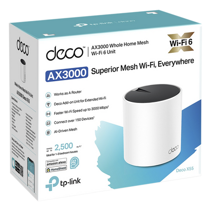 Router Inalámbrico MESH Interior para Hogar / Doble Banda Wi-Fi 6 AX3000 Mbps / 3 Puerto Gigabit WAN/LAN / 2 Antenas Internas / Administración Mediante la App Deco (iOS, Android) / Protección HomeShield