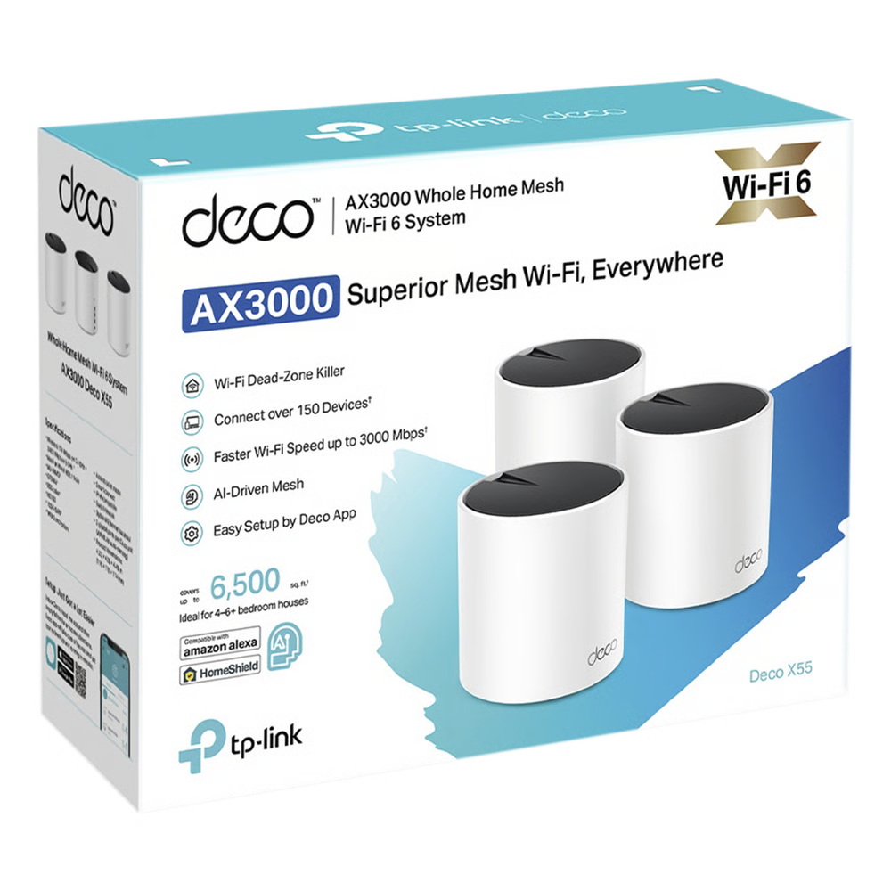 Kit 3 Routers Inalámbricos MESH Interior para Hogar / Doble Banda Wi-Fi 6 AX3000 Mbps / 3 Puerto Gigabit WAN/LAN / 2 Antenas Internas / Administración Mediante la App Deco (iOS, Android) / Protección HomeShield
