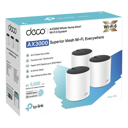 Kit 3 Routers Inalámbricos MESH Interior para Hogar / Doble Banda Wi-Fi 6 AX3000 Mbps / 3 Puerto Gigabit WAN/LAN / 2 Antenas Internas / Administración Mediante la App Deco (iOS, Android) / Protección HomeShield