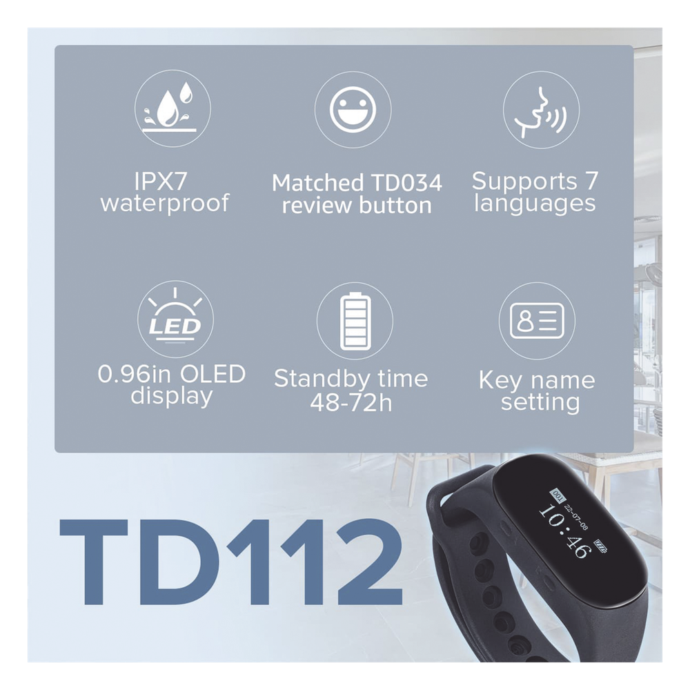 Reloj Buscador TD112 IPX7 / Resistente al Agua / Pantalla OLED / 180mAh / 48 Horas Standby / 80-100m Distancia de Recepción / Compatible con 50 Botones TD009 y T114 / 7 Idiomas / Almacenamiento de 10 Mensajes