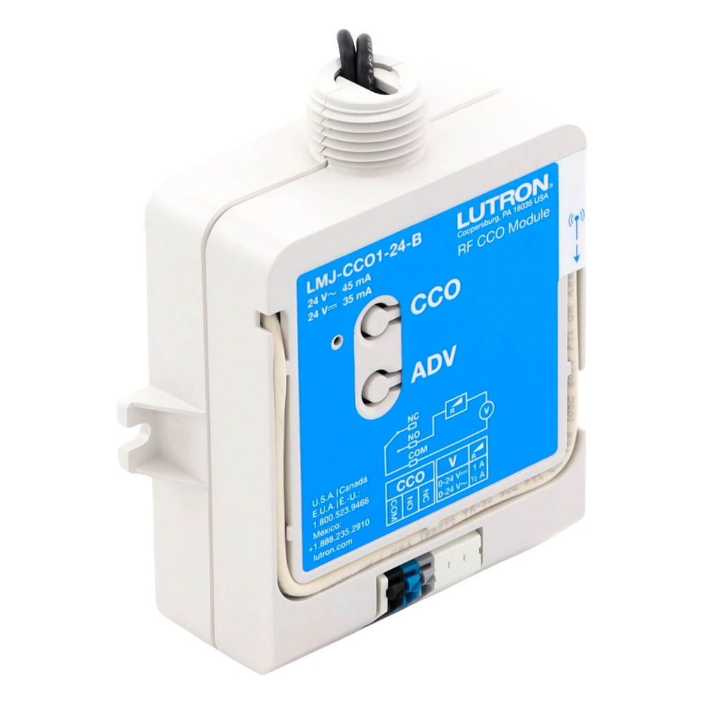 Módulo CCO de RF con salida de contacto seco NO/NC, 24 V, tipo mantenido o momentáneo, para integrar RadioRA 2, RadioRA 3 y HomeWorks QS con sistemas de terceros