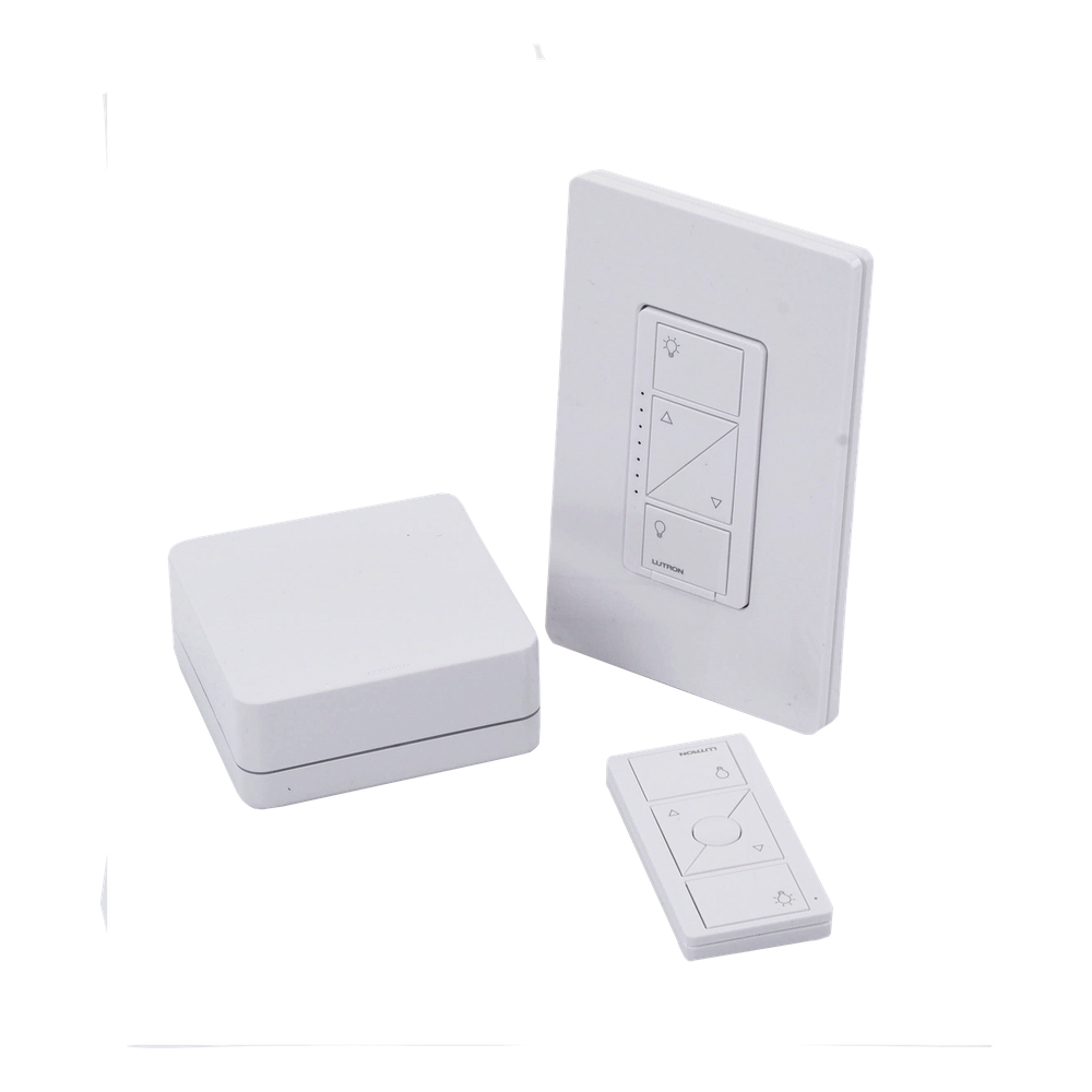 Kit de inicio Caseta Wireless con hub Smart Bridge, atenuador de pared, control Pico y placa Claro para controlar la iluminación desde la app Lutron