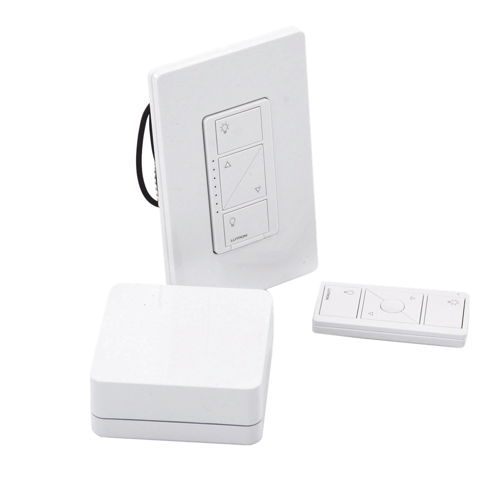 Kit de inicio Caseta Wireless con hub Smart Bridge, atenuador de pared, control Pico y placa Claro para controlar la iluminación desde la app Lutron