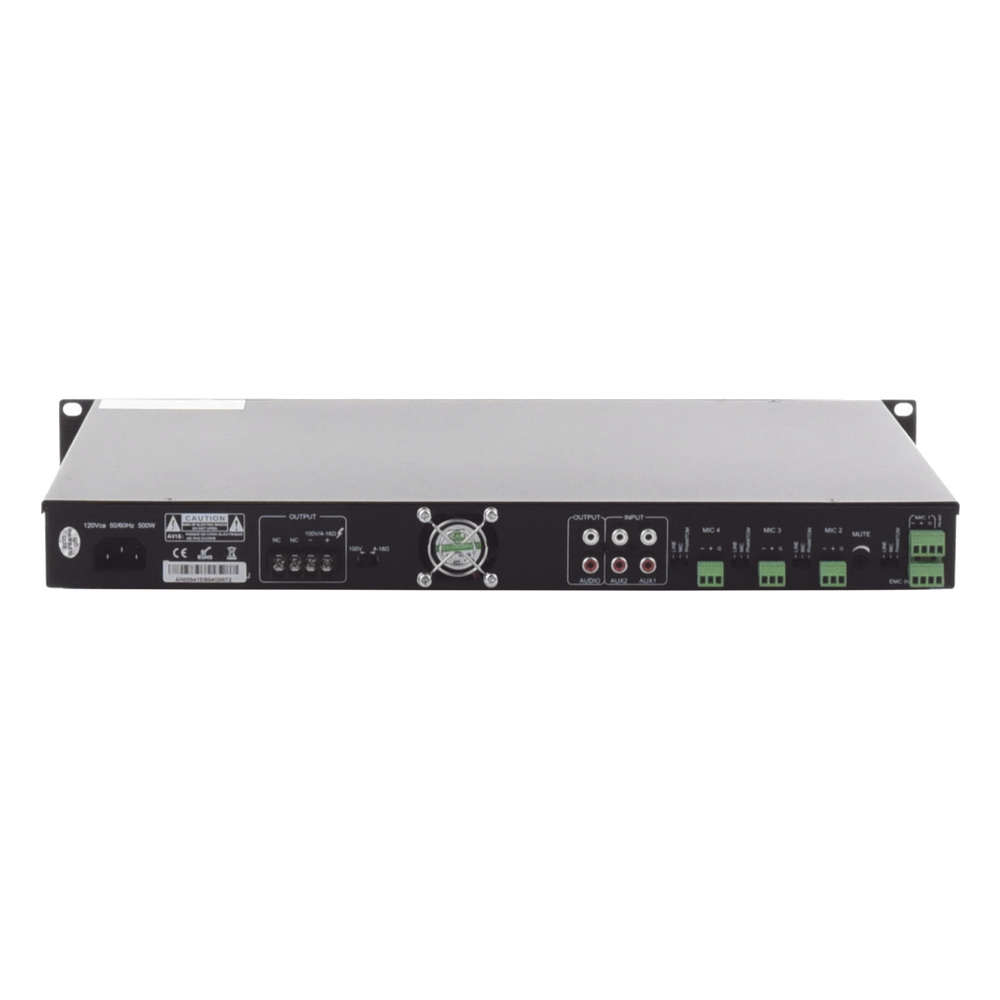 Amplificador de Audio | 1 canal | 350 W | Sistema 100V y Baja Impedancia | 4 Entradas de Micrófono Balanceadas | Bluetooth | USB | SD | FM | Montaje en Rack