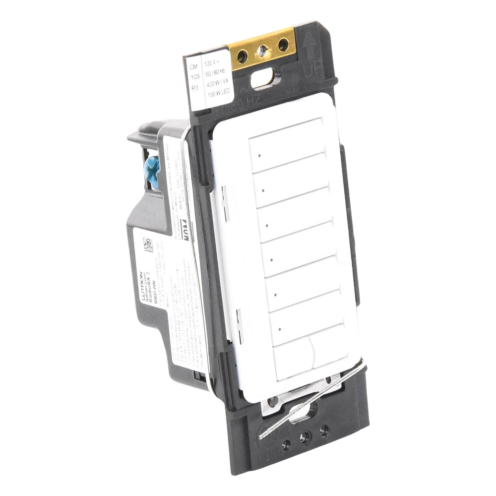 Teclado híbrido C•L de 6 botones con subir/bajar y atenuador integrado de 450 W (100 W en LED/CFL), requiere neutro, para sistema RadioRA 2, color blanco