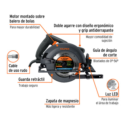 Sierra circular 7-1/4', 1800W, TRUPER INDUSTRIAL